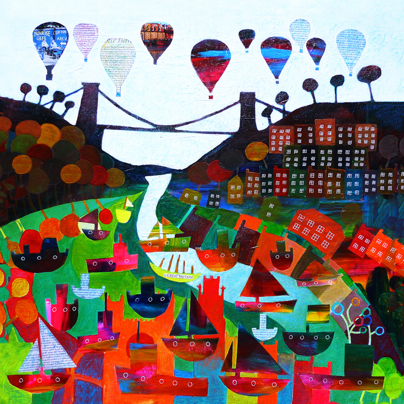 Bristol landmarks hot air balloons and boats in the harbour by Jenny Urquhart