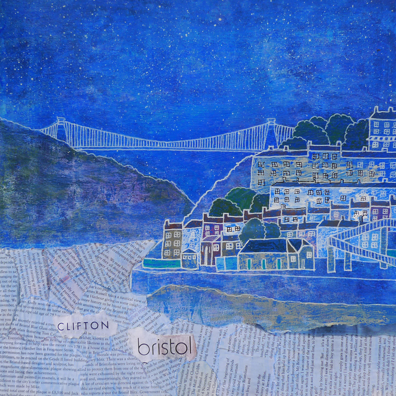 Clifton Suspension bridge spanning the river Avon made out of collage by Jenny Urquhart
