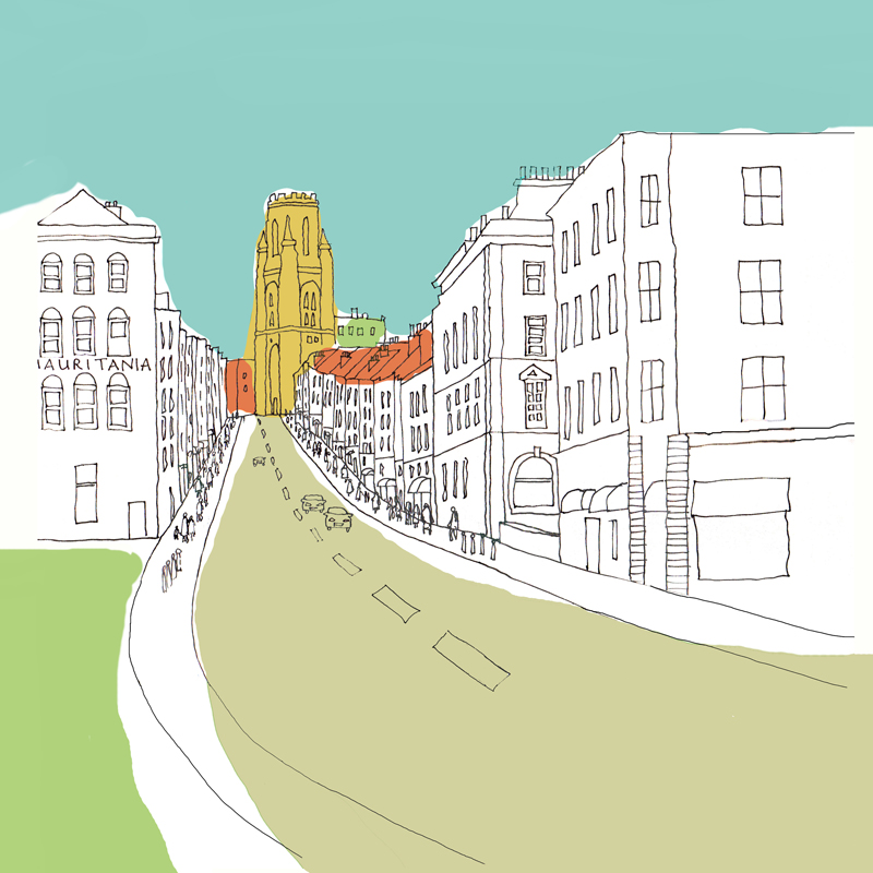 Park street is one of Bristols main shopping streets with Wills Building at the top by Jenny Urquhart