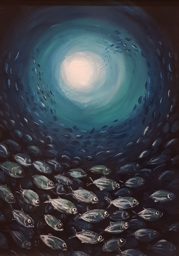 a shoal of fish circling with a bright light in the distance by jenny urquhart