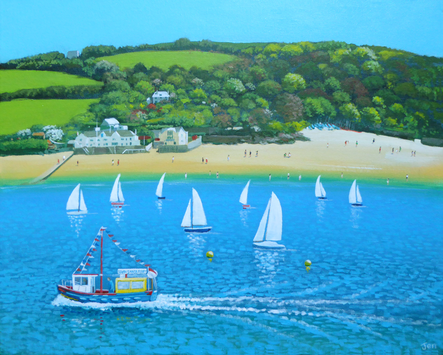 salcombe ferry boat in the estuary on a sunny day by Jenny urquhart