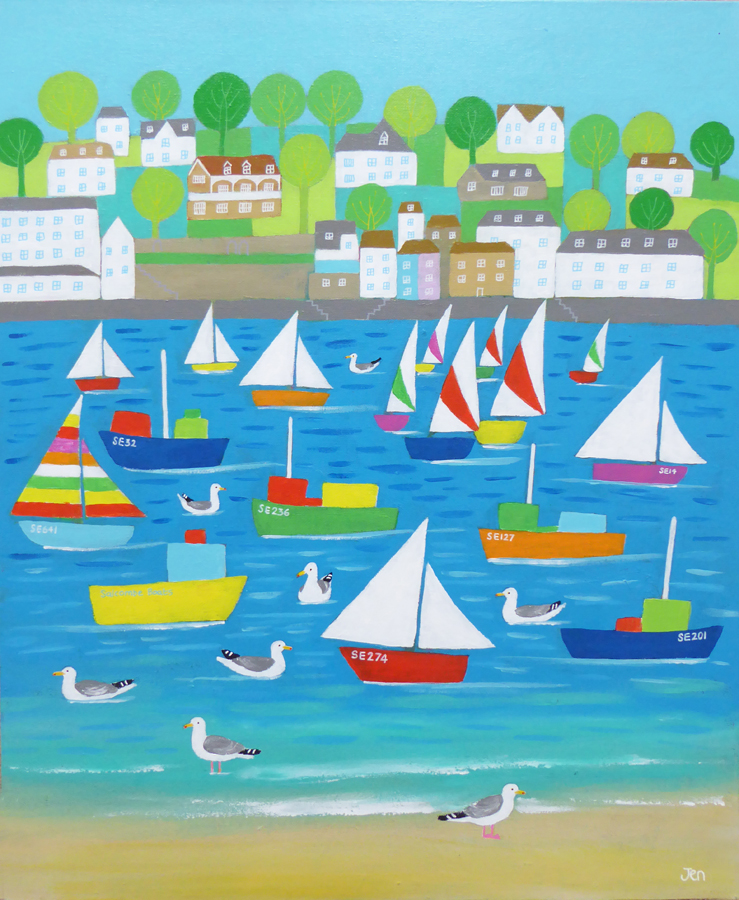 seagulls in salcombe with boats and sunshine by jenny urquhart