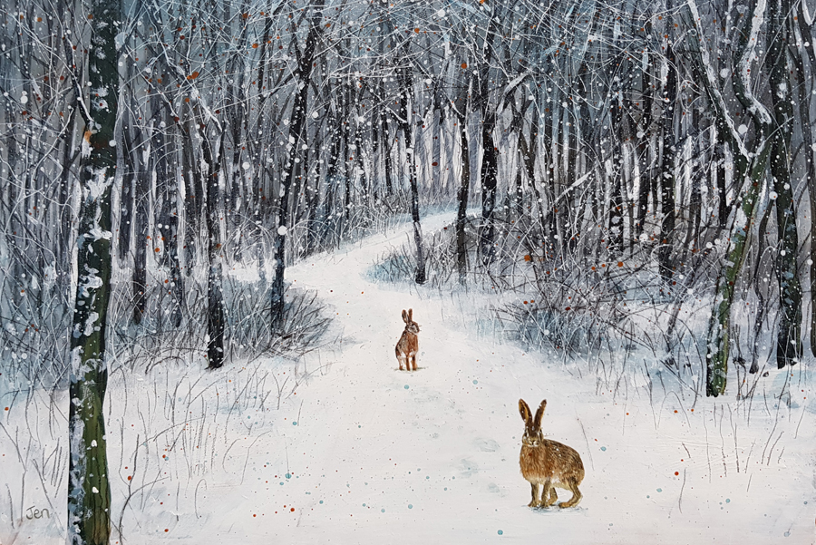 snowfall stops the chasing of two hares through woodland by jenny urquhart