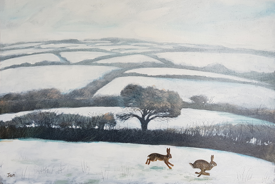 two hares chasing each other through snowy fields by Jenny Urquhart