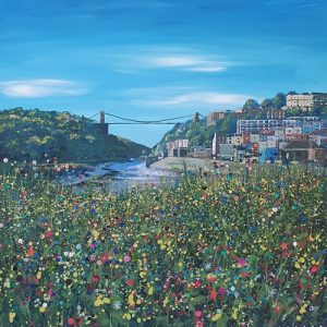 bristol in bloom with flowers the clifotn suspension bridge and blue sky by jenny urquhart